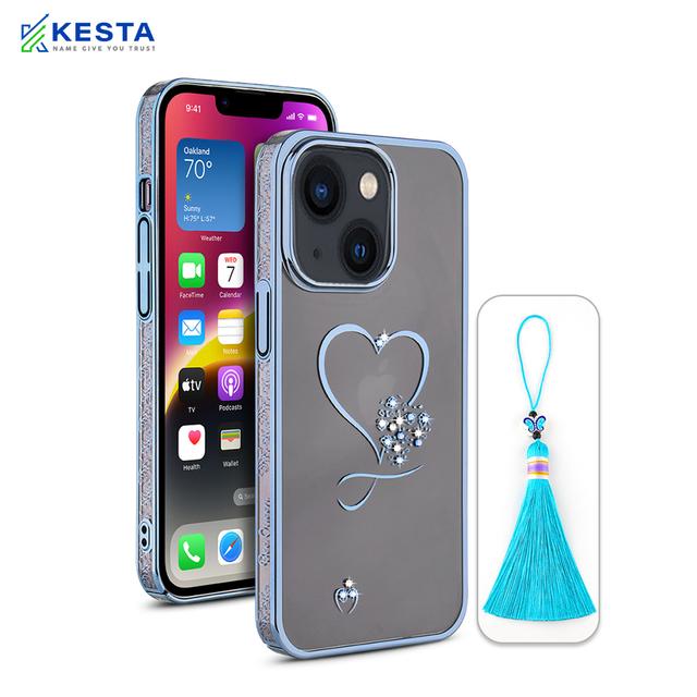 iPhone 13 Cover - Bling Heart Blue Transparent Case (Unique Frame Pattern)