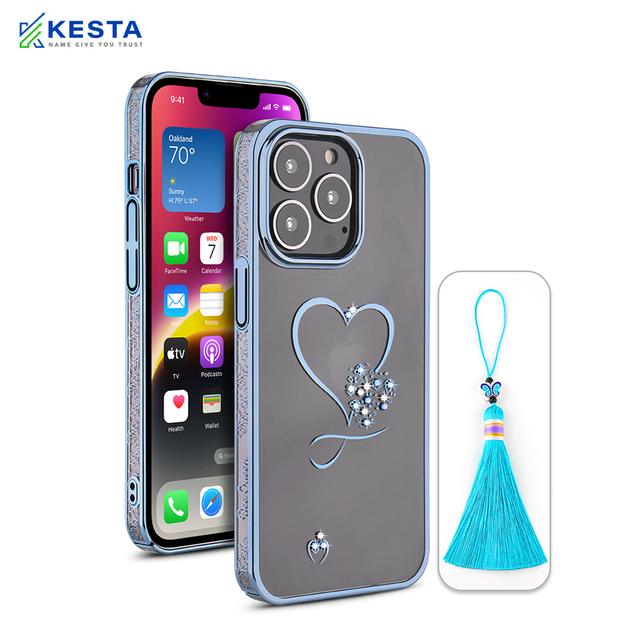 iPhone 13 Pro Cover - Bling Heart Blue Transparent Case (Unique Frame Pattern)
