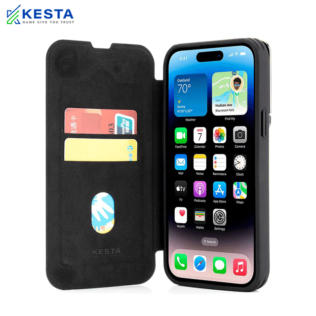 iPhone 15 Pro Cover - Elegant Flip Black Leather Case (Handcrafted Excellence with a Luxurious Feel)