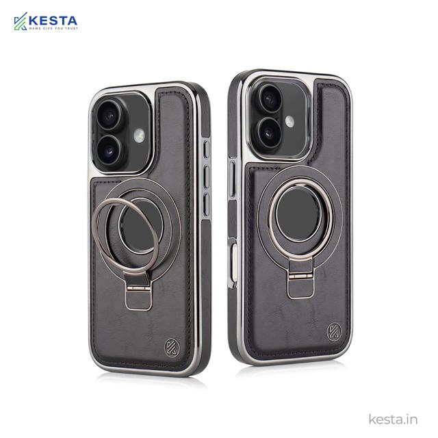 iPhone 16 Plus Cover - Classy Elite Black Leather Case (Built-In Magnetic Ring Holder)