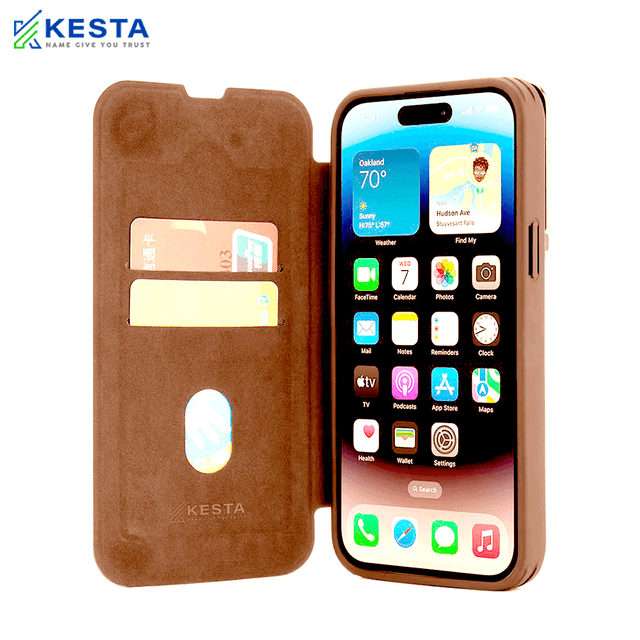 iPhone 15 Pro Max Cover - Elegant Flip Brown Leather Case (Handcrafted Excellence with a Luxurious Feel)
