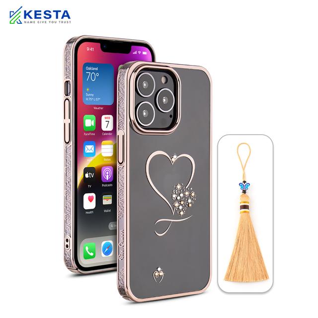 iPhone 13 Pro Max Cover - Bling Heart Cloud Gold Transparent Case (Unique Frame Pattern)