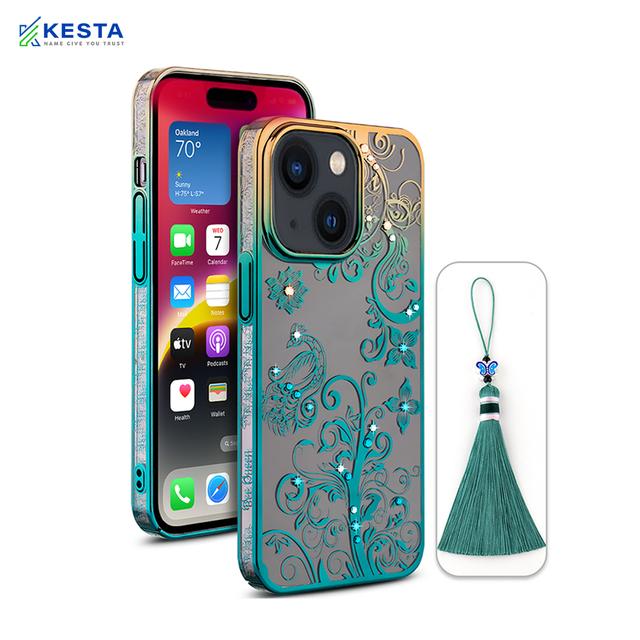 iPhone 13 Cover - Peacock Glitter Green Transparent Diamond Case (Protective Gradient Plating)