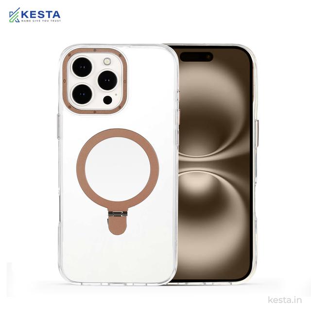 iPhone 16 Pro Max cover - Crystal Bracket Magnetic Gold Transparent Case (Built-in Bracket Stand Strong Magnetic Ring)