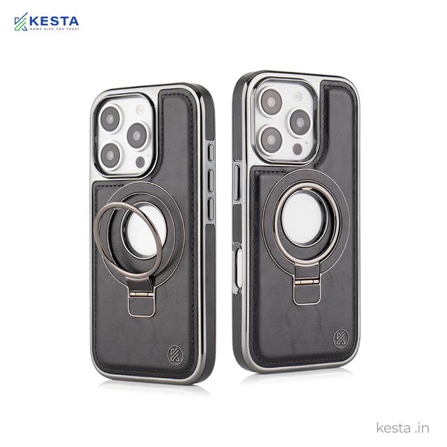 iPhone 16 Pro Max Cover - Classy Elite Black Leather Case (Built-In Magnetic Ring Holder)