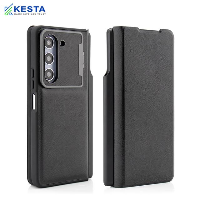 Samsung Z Fold 5 Cover - Elegant Flip Black Leather Case (With S Pen Holder)