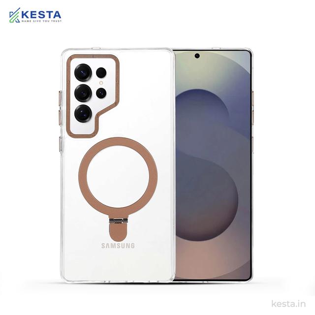 Samsung S25 Ultra cover - Crystal Bracket Magnetic Gold Transparent Case (Built-in Bracket Stand Strong Magnetic Ring)