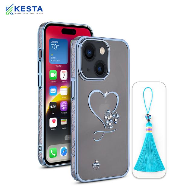 iPhone 15 Plus Cover - Bling Heart New Blue Transparent Case