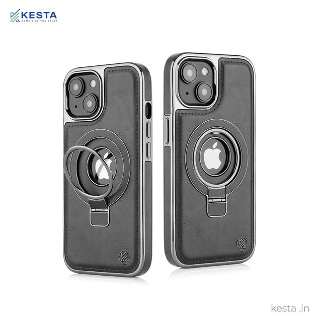 iPhone 15 Cover - Classy Elite Black Leather Case (Built-In Magnetic Ring Holder)