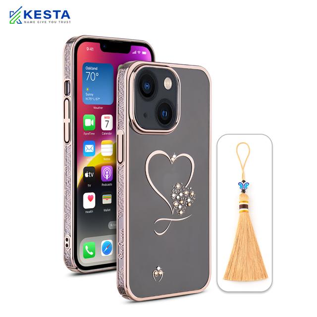 iPhone 14 Cover - Bling Heart Cloud Gold Transparent Case (Unique Frame Pattern)